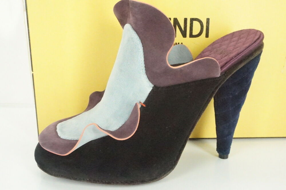 Fendi Velvet Ruffle Wave Slide Mule Pump SZ 38 Multi Purple NIB $650 Color Block